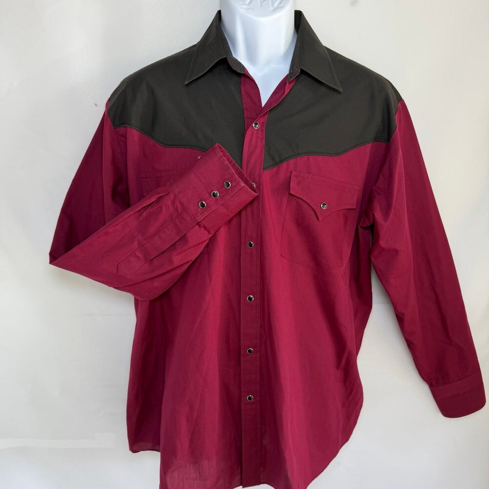 Men’s Vtg Plains western wear pearl snap button down shirt maroon & black large - Picture 2 of 6